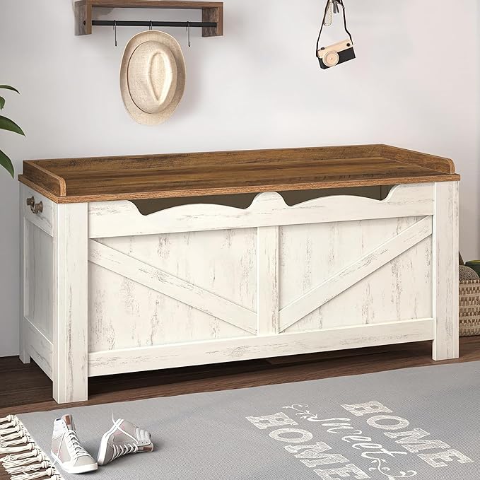 39.4" Storage Chest, Extra Large Storage Trunk with 2 Safety Hinges, Wooden Box Bench, Lift-Top Organizer Chest, Shoe Bench for Entryway, Bedroom, Living Room, White and Brown SB04514B