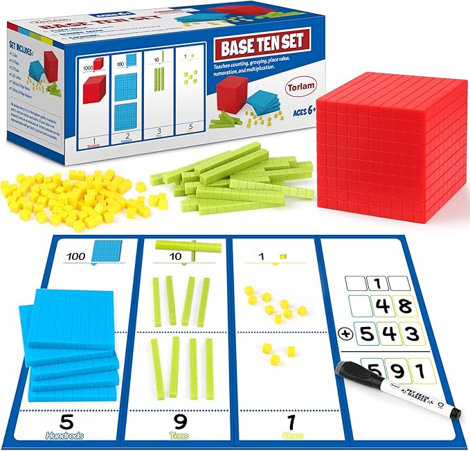 Torlam 131 PCS Base Ten Blocks - Place Value Blocks, Plastic Base 10 Math Manipulatives for 1st Grade, Addition and Subtraction Games Math Counters and Cubes for Kids