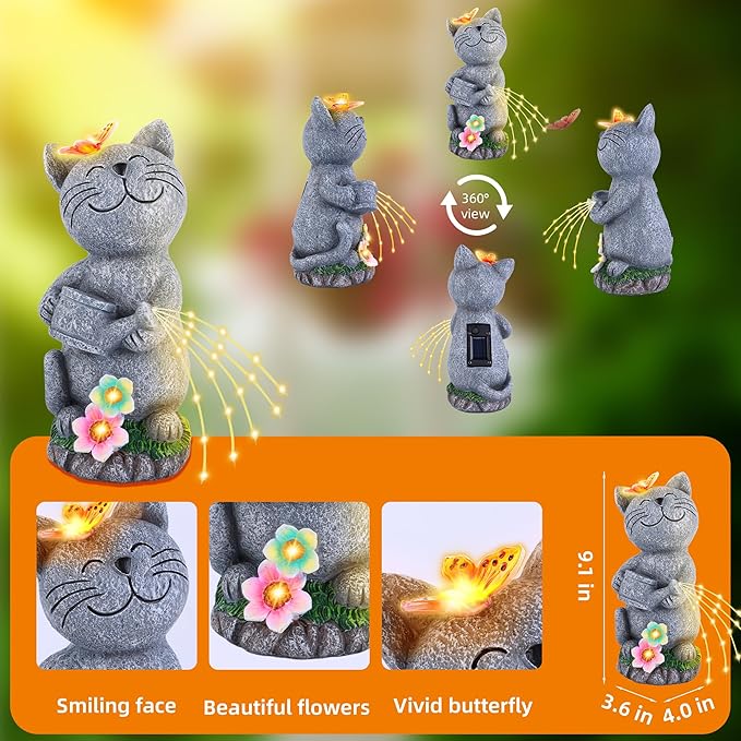 Solar Garden Cat Decor, Animal Statue Outdoor Lights, Mothers Day Birthday Housewarming Gifts for Mom Grandma Women Sister Wife Lady Lover-Patio, Porch, Yard, Balcony Decorations, Lawn Ornaments.