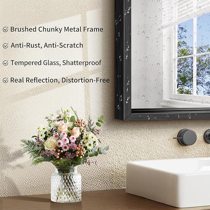 CIRCUMI 20"x40" Black Mirror with Chunky Box Metal Frame, Brushed Finish Rectangular Bathroom Mirrors for Over Sink, Living Room, Entryway, Tempered Glass Mirror for Wall, Vertical or Horizontal
