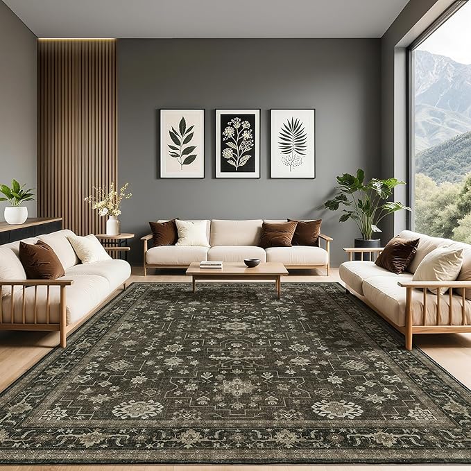 LBRO2M Vintage Washable Rugs 8X10 for Living Room Bedroom Office Farmhouse Non Slip Distressed Area Rugs Easy Clean, Soft, Stain Resistant Carpet Low Piles Great for Pets and Kids (8'X10' Dark Brown)