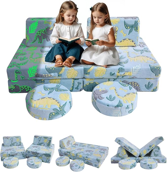 MeMoreCool Modular Glow Sofa for Kids, 8-Piece Convertible Foam Couch Play Set with Glowing Dinosaur Design for Toddlers and Playroom