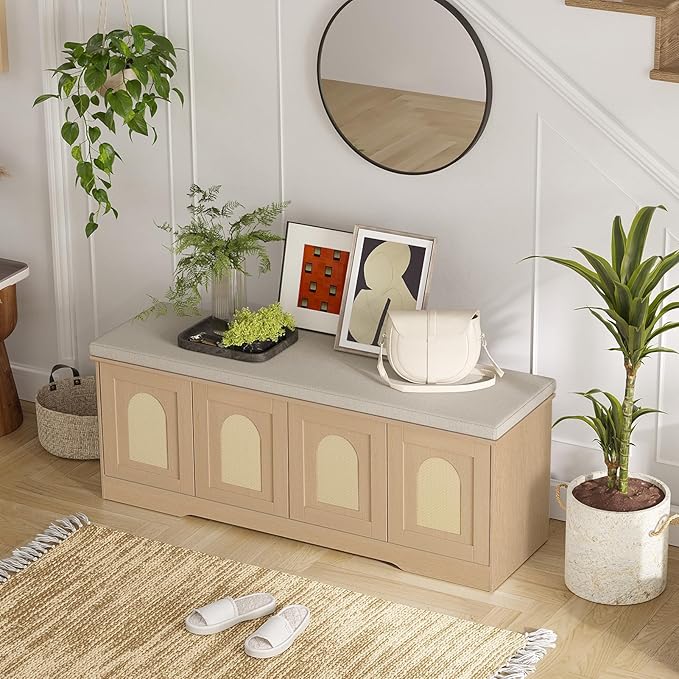 DINZI LVJ Shoe Bench, Entryway Storage Bench with Doors, Cushion, 2-Tier Shoe Rack with 8-Cubby, 47.2”L x 13.8”W Shoe Organizer Cabinet, Adjustable Shelf, Living Room, Bedroom, Natural with Rattan