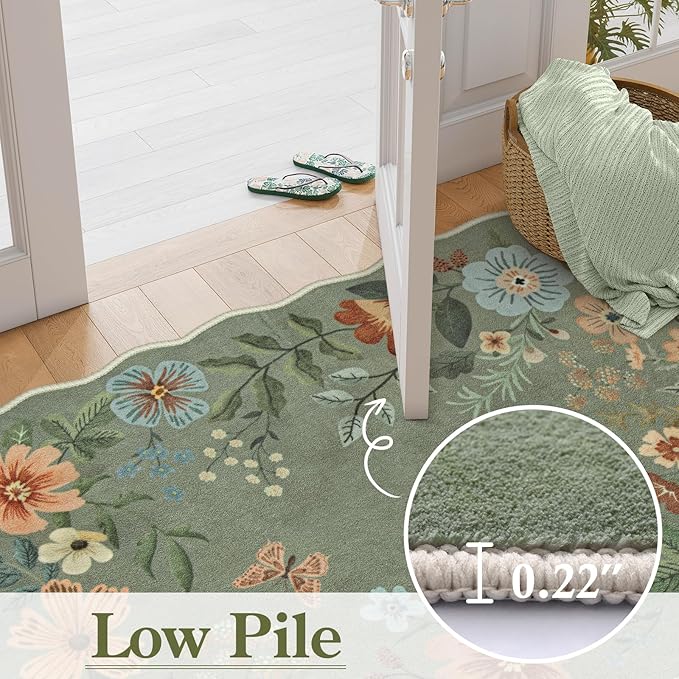 Lahome Floral Rugs for Entryway, 2X3 Washable Kitchen Rugs Ultra-Thin Soft Rug, Non Slip Indoor Door Mat Stain Resistant Boho Small Low-Pile Throw Carpet for Bathroom Bedroom(2x3ft,Green)