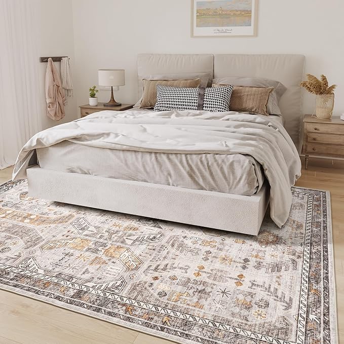 Washable Rug 8x10 Area Rugs for Living Room - Stain Resistant Non-Slip Backing Rugs for Bedroom,Ultra-Thin Vintage Large Area Rug (Brown/Gold, 8'x10')