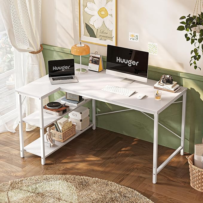 Huuger L-Shaped Desk - 47" Reversible Storage Corner Gaming Desk, Metal Frame, White