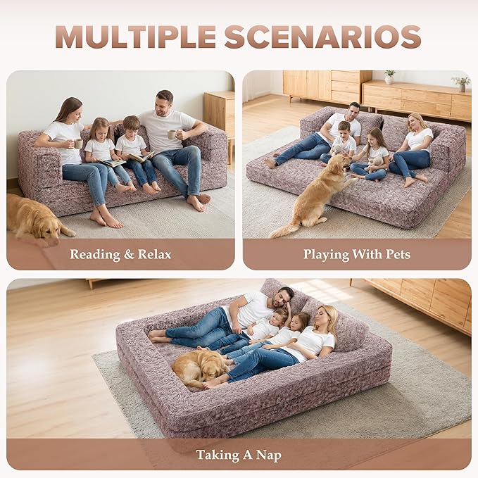 HABUTWAY Convertible Sofa Bed,3-in-1 Folding Futon Sofa Bed with Pillow, Foldable Sleeper Sofa Bed with Removable Cover,Plush Boneless Floor Chair Couch Lounge for Living Room,(Queen,Caramel)