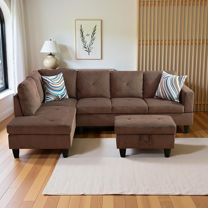 L Shaped Couch Modern Sectional Couch Upholstered Sackcloth Fabric 3 Pieces Sofas for Living Room with Chaise, Storage Ottoman for Office and Small Apartment, Brown