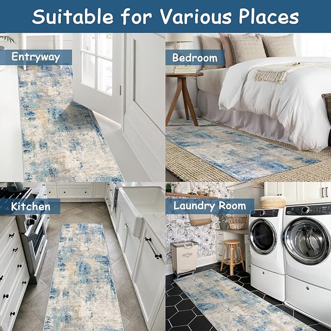 Lahome Modern Abstract Blue Bathroom Rug, 2x6 Washable Long Hallway Rug Soft Non Slip Blue Floor Accent Carpet Runner for Entryway Kitchen Laundry Room Doorway Bedroom