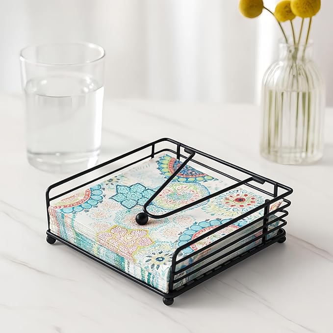 Fengzhe Napkin Holder for Table, Suitable for Kitchen, Restaurant, and Outdoor Use, Paper Cocktail Napkin Holder that Matches Various Dining Room Decor Styles, Black (7'' x 7''x 2.75'', Matte Black)