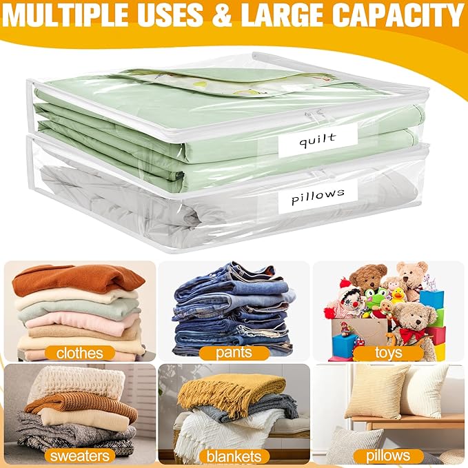 Kikerike Plastic Storage Bags with Easy-Glide Zipper, Pack of 6, Durable Clear Vinyl Zippered Storage Bags for Clothes Sweaters Comforters Blankets Sheets Bedding (12 x 12 x 12 Inch)