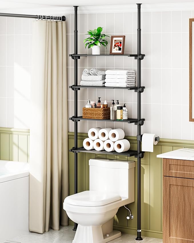 ALLZONE Adjustable Over The Toilet Storage Shelf, 4-Tier Ample Over Toilet Bathroom Organizer and Storage,Tension Mounted Above Toilet Storage Cabinet for Versatility, Fits 64-113 Inch Heights, Black