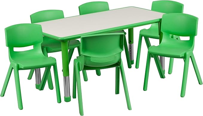 Flash Furniture Emmy Adjustable Classroom Activity Table with 6 Stackable Chairs, Plastic Activity Table for Kids, 23.625" W x 47.25" L, Green/Gray
