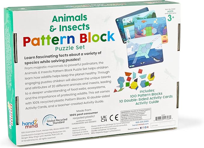 hand2mind Animals and Insects Pattern Block Puzzle Set, Tangram Puzzle, Geometric Shapes for Kids, Pattern Blocks Cards, Pattern Play, Toddler Battern Blocks, Kindergarten Learning Activities