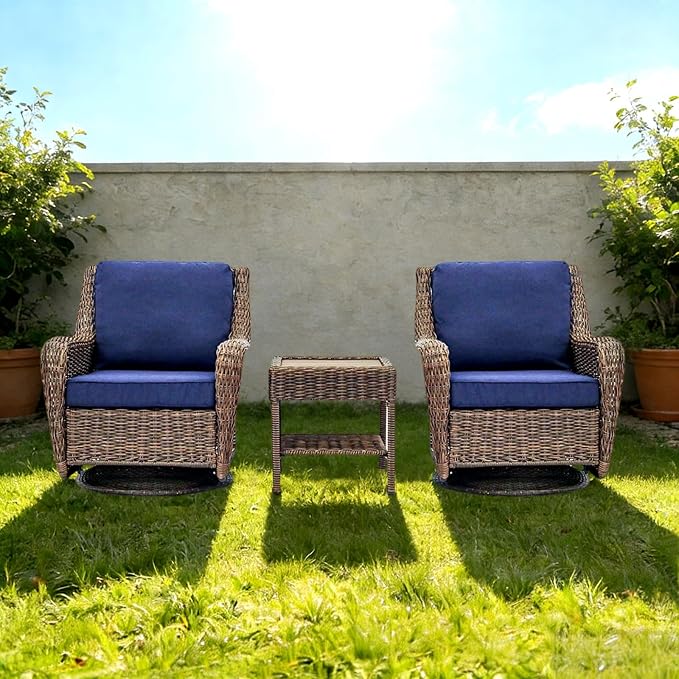 Cambridge Outdoor Wicker Swivel Rocking Chair, All-Weather Hand-Woven Resin Rattan Patio Swivel Rocker with Deep Seat & Thick Cushions for Porch, Backyard & Garden, Midnight Navy Blue