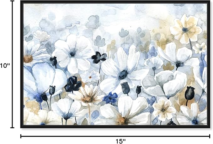 The Oliver Gal Artist Co. Floral and Botanical Wall Art Framed Canvas Prints 'Fields Flowers Home Décor, 15" x 10", Blue, White