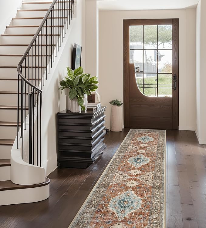 Lahome Oriental Hallway Runner Rug, 2.5x8 Kitchen Runner Non Slip Ultra-Thin, Soft Washable Hallway Rug Non Shedding Long Carpet for Entryway ?랰aundry Room Bathroom, Orange/Multi