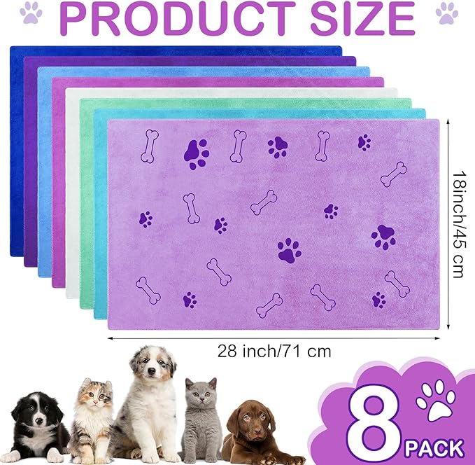 Chumia 8 Pcs Dog Towels for Drying Dogs Cats Pet Towels Bulk Puppy Microfiber Quick Drying Paw Bath Bathing Supplies Absorbent for Medium Pets(Classic Color,18 x 28 Inch)