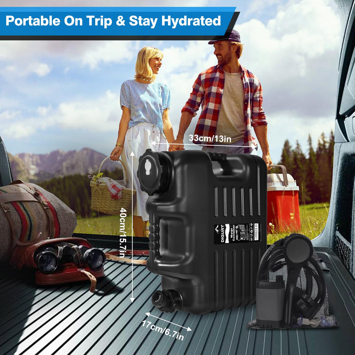 Portable Camping Shower with 5 Gallon Water Jug, 6000mAh Rechargeable Outdoor Camping Shower Kit, IPX7 Waterproof Pump BPA Free Water Containers Camp Essentials Black