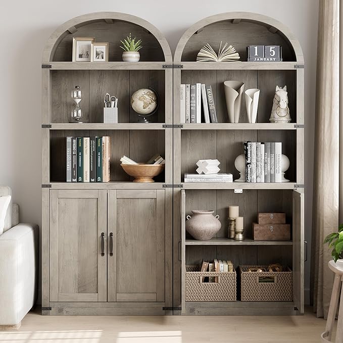 Garveehome Bookcase with Doors Arched Bookshelf 71.65in Tall Bookcase Farmhouse Cabinet with Shelves Wooden Bookshelves for Home Office, Living Room