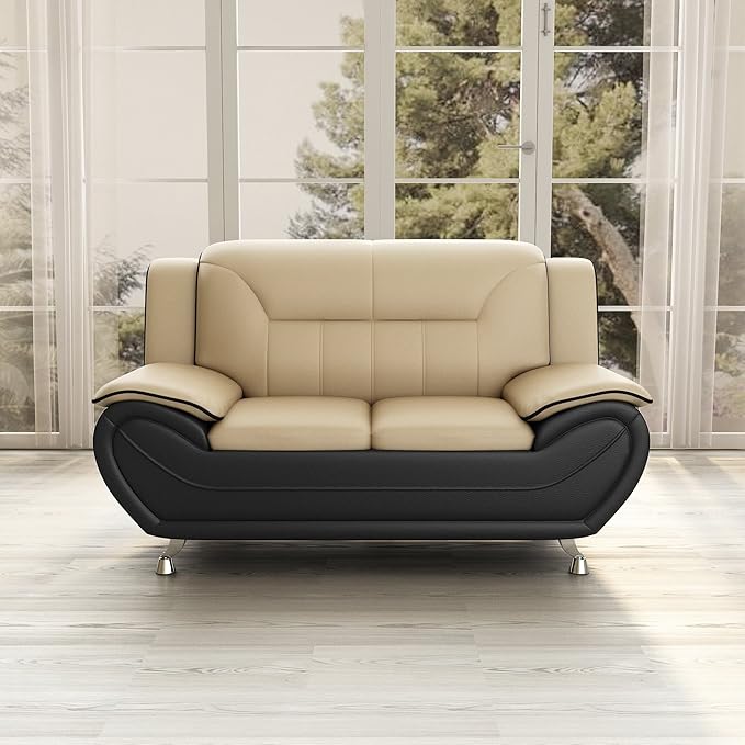 Container Furniture Direct Michael Modern Faux Leather Upholstered Stainless Steel Legs Living Room Loveseat, Black Camel