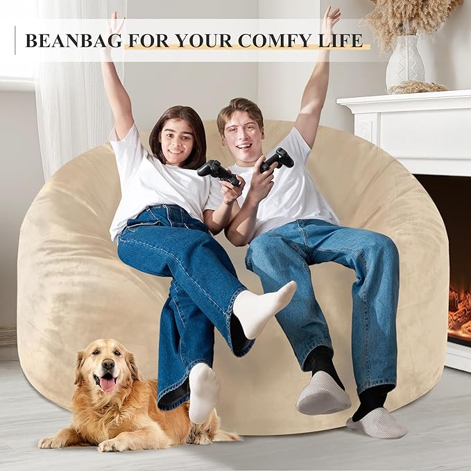 Homguava 5FT Bean Bag Chair Giant BeanBag with Memory Foam Filled, Comfy Bean Bag Chairs for Adults, Adult Bean Bag Chair with Dutch Velvet Cover for Living Room Bedroom-Dark Beige