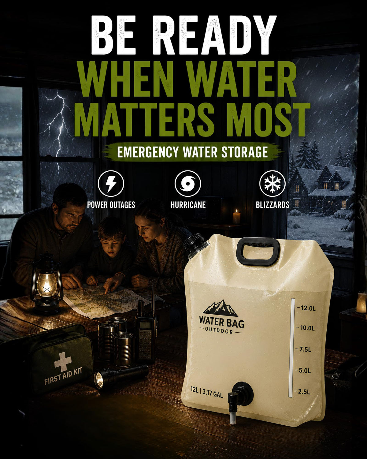 CoreMuse 3.17 Gallon/12L Collapsible Water Container with Spigot, Foldable Water Storage Bag for Camping, RV, Emergency Preparedness & Outdoor Cooking