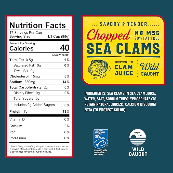 Snow's Chopped Sea Clams in Clam Juice, 51 oz Can (Pack of 12) - Premium Grade Wild Caught Gourmet Surf Clams - 7g Protein Per Serving - Gluten Free, Keto Friendly, 99% Fat Free