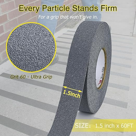 S&X Gray Anti Slip Tape 1 1/2 Inch x 60 FT Roll, Ultimate Non-Slip Skid Grip Tape for Outdoor Stair Treads, Wooden Steps & Exterior Grips, Grit 60, Waterproof, Extra-Durable