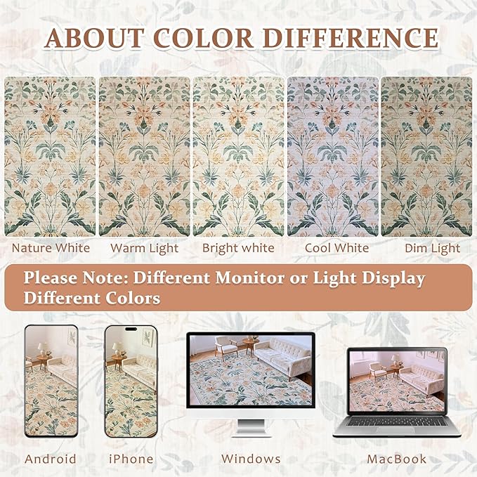 5x7 Area Rugs Washable Rug: Lagre Boho Living Room Rug Soft Non-Slip Thin Carpet Indoor Floor Non-Shedding Neutral Floral Carpets for Bedroom Dining Room Farmhouse Nursery Beige
