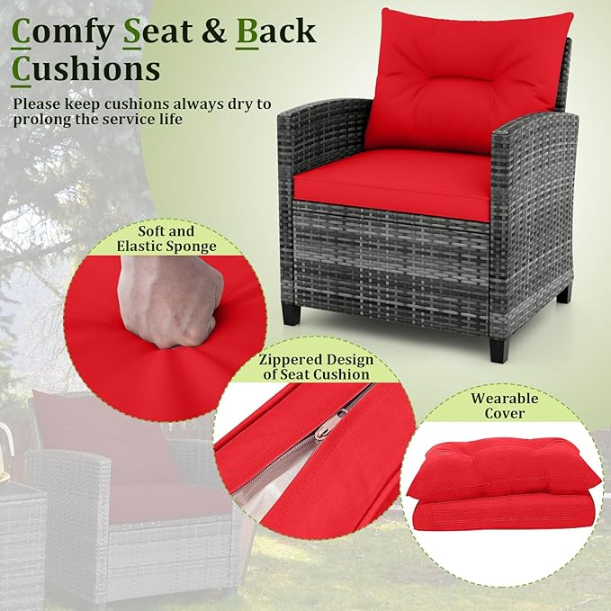 RELAX4LIFE Wicker Patio Furniture Sets - 3 Pieces Rattan Sofa Set, Outdoor Conversation Set with Tempered Glass Tabletop, Heavy-Duty Steel Frame, Wicker Chair Set for Poolside, Backyard (Grey-Red)