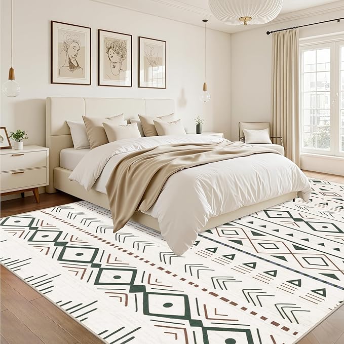 5x7 Area Rugs Living Room Rug: Washable Rug Neutral Lagre Soft Thin Carpet Indoor Floor Non Slip Boho Geometric Moroccan Carpets for Bedroom Dining Room Farmhouse Nursery Office - Brown Green