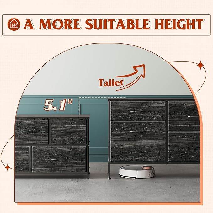 WLIVE Dresser for Bedroom with 5 Drawers, Wide Dressers with Drawer Organizers, Chest of Drawers, Fabric Dresser for Living Room, Closet, Hallway, Charcoal Black Wood Grain Print