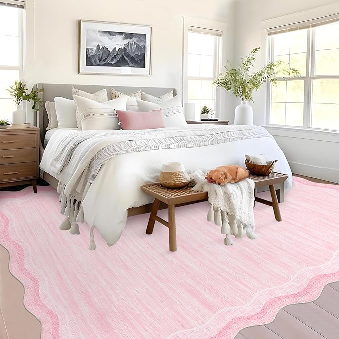 GarveeHome Washable Rugs 8x10 Scallop Living Room Rug Scalloped Rug with Non-Slip Backing, Stain-Resistant Low Pile Easy Cleaning Rugs, Soft Modern Solid Carpet for Bedroom Playroom Nursery, Pink