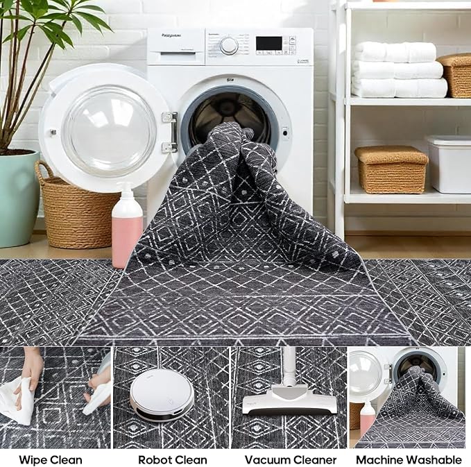 8x10 Rug for Living Room - Washable Area Rugs Modern Moroccan Area Rug Large Low Pile Carpets for Bedroom Soft Indoor Home Thin Area Rug for Dining Room Office 8x10 Black