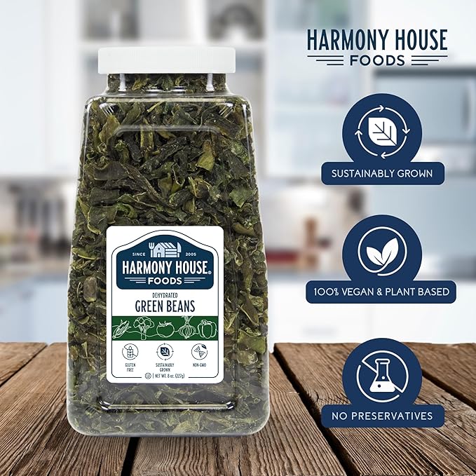 Harmony House Foods Dried Green Beans, cut (8 oz, Quart Size Jar) for Cooking, Camping, Emergency Supply, and More