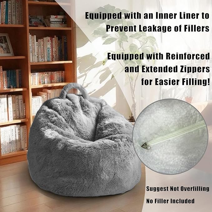 Upgrade 4FT Fluffy Bean Bag Chair Cover – Soft Velvet Storage Sofa, DIY Floor Chair or Bed for Kids & Adults, Machine Washable, Durable Zipper, Fillable with Clothes or Foam, No Fillers, Light Gray