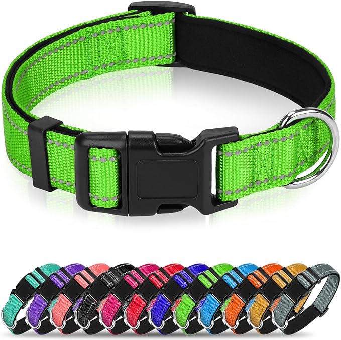 Reflective Dog Collar for Mediunm Dogs, Adjustable Collar with Soft Neoprene Padded, Durable Buckle for Daily Walking,Green,M, 3/4" Width