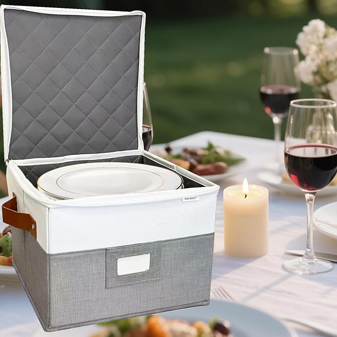 China Storage Containers,Quilted Dish Plate Storage with Stackable Lid for Dinnerware Kitchen Moving,2PACK 12 * 12 * 8in(Grey)