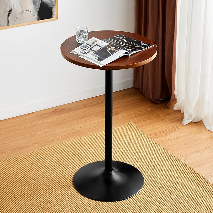 Glitzhome 39.5" H Round Pub Bistro Table, Round Bar Table Wood Top with Black Metal Leg and Base, Walnut Veneer Finish Cocktail Top Tall Table for Kitchen Island,Furniture (Walnut)