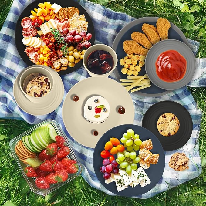 Wrova 40Pack plates and bowls sets for dinner - Unbreakable wheat straw dinnerware sets service for 8 - Alternative plastic 40pcs dish sets for camping,picnic and R.V. - (Black & Grey)