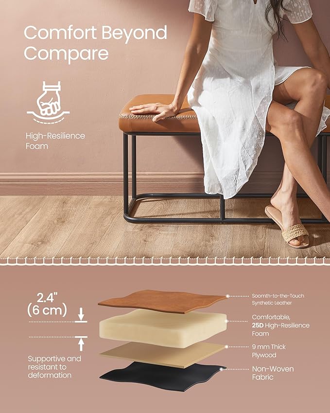 VASAGLE EKHO Collection - Storage Bench for Entryway, Ottoman Bench with Steel Frame, 43.3-Inch Wide, Synthetic Leather, Living Dining Room, Mid-Century Modern, Loads 660 lb, Caramel Brown ULOM085K01