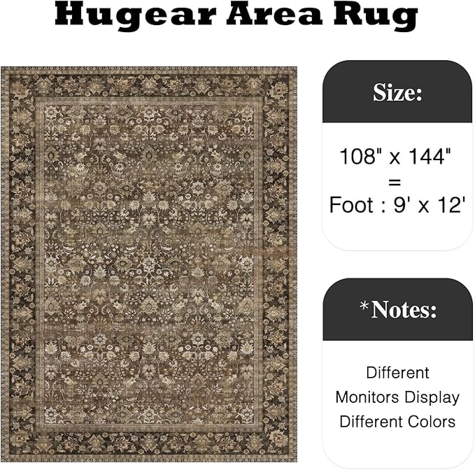 HUGEAR 9x12 Machine Washable Rugs Brown Living Room Large Area Rug Indoor Accent Rug Floral Mid Pile Carpet Soft Soft Thicker Aesthetic Rug Bedroom Office Dining Laundry