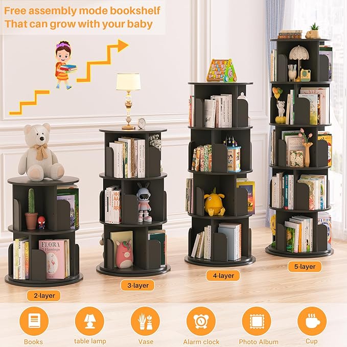 Aheaplus Rotating Bookshelf, 360 Display Wood Spinning Bookshelf Tower, 5 Tier Floor Standing Bookcase Storage Rack, Revolving Bookcase Corner Bookshelf for Small Space, Bedroom, Study Room, Black
