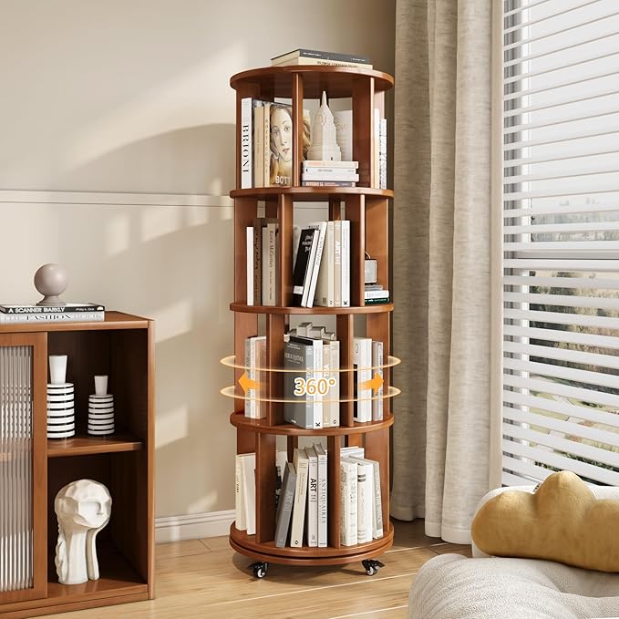 4-Tier Rotating Bookshelf, 360° Spinning Stackable Bookcase, Freestanding Bookshelf for Home Office Study Room Bedroom Living Room