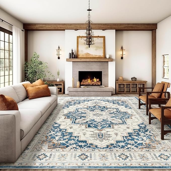 8x10 Area Rug for Living Rooms, Stain Resistant Neutral Washable Rugs for Dining Rooms, Floral Vintage Non-Slip Thin Large Size Area Rugs(Blue)