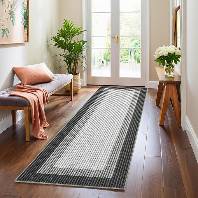 GarveeHome Entryway Bathroom Rug 2x6 Runner Modern Bordered Washable Rug, 2x6 Runner Kitchen Rug for Hallway Non-Slip Low-Pile Soft Runner Carpet for Bedroom Laundry Room, Grey