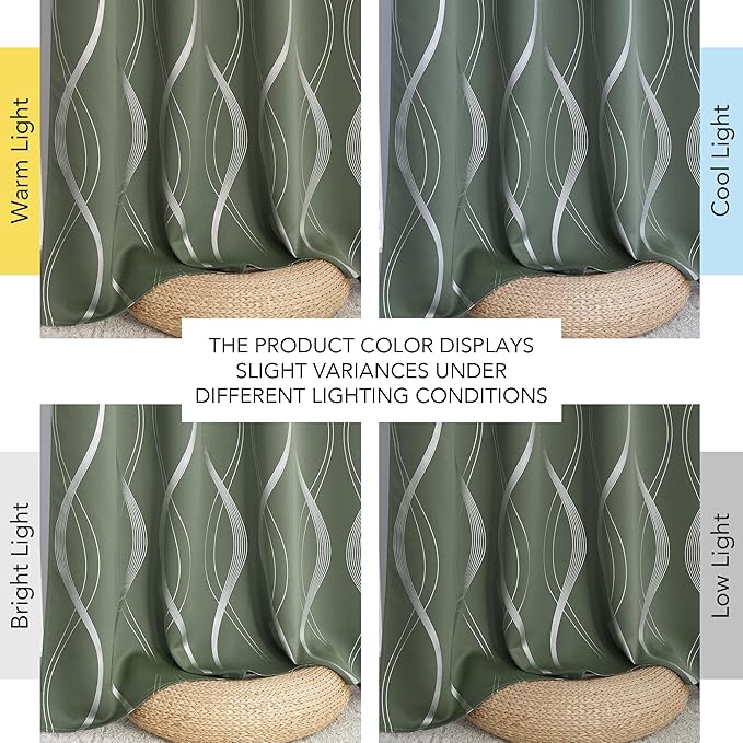NICETOWN 100% Blackout Greyish Green Blackout Curtain Panels for Bedroom 63 inch Long, Thermal Insulated Wave Line Foil Print Design Drapes for Patio Sliding Glass Door, 52" x 63", 2 Panels