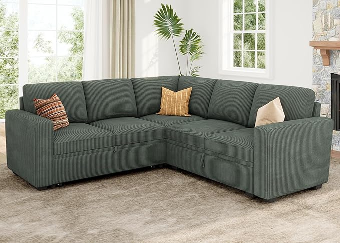 HONBAY Sectional Sleeper Sofa with Pull Out Bed, Corduroy L Shaped Couch with Storage, Modular Sectional Couches for Living Room, Green
