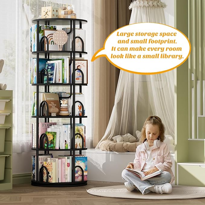 Aheaplus 5 Tier Rotating Bookshelf Tower, 360 Display Spinning Bookcase, Revolving Round Book Shelf Narrow Swivel Bookshelf, Vertical Turning Spiral Corner Book Organizer for Small Space, Black